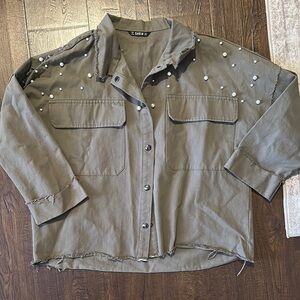 SHEIN Olive Bomber Jacket with Pearl Accents